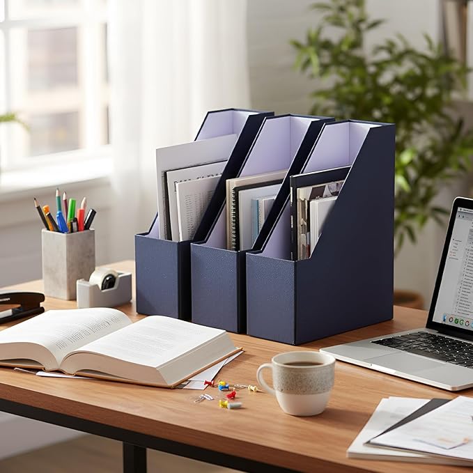Gueevin Set of 6 Magazine File Holder Stylish Sturdy Cardboard File Boxes Desk Magazine Organizer Rack with Gold Label Holder to Organize Your Desk or Shelves for Home Classroom Office Library(Blue)