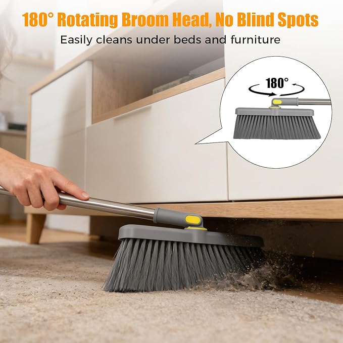 Upgrade Broom and Dustpan Set 180° Rotatable Head with 61" Extra Long Adjustable Handle Self-Cleaning Dustpan Teeth&Zero Gap Indoor Outdoor Sweeping for Home Kitchen Office Pet Hair-Gray&Yellow