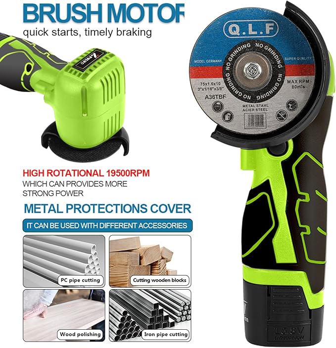 Cordless Brush Angle Grinder Kit, 19500rpm Mini Electric Angle Grinding Tool with 2pcs 16.8V 2000mAh Batteries and 5-Cutting Discs, Grinder Handheld Cutter for Metal Wood