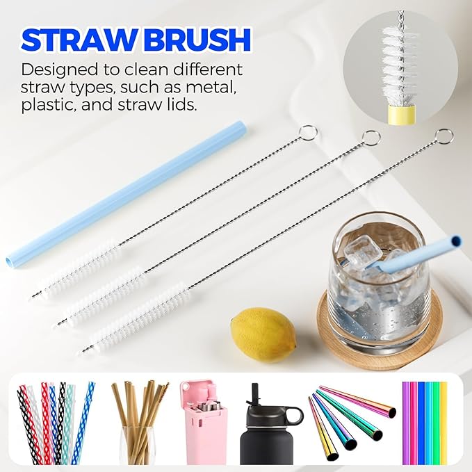 6 Pack Holikme 4 in 1 Cup Lid Cleaning Brush Set with 3 Straws, Multifunctional Bottle Brush, Silicone Cup Lid Gap Cleaner, Durable Bristle Crevice Cleaning Brush, Blue