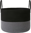 JMvicyroam 65L Extra Large Blanket Basket for Living Room - Woven Cotton Rope Laundry Hamper with Reinforced Handles - Storage Bin for Pillows, Comforters & Toys - Machine Washable,Black&Grey