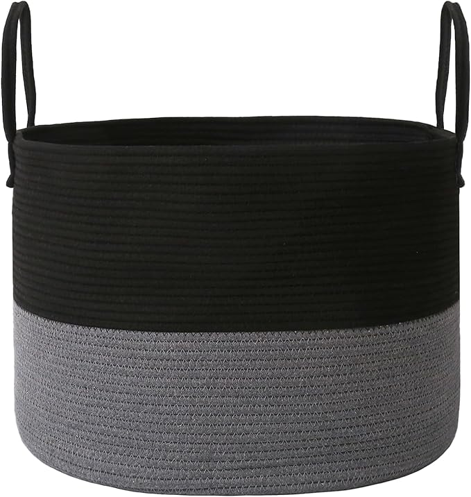 JMvicyroam 115L Extra Large Blanket Basket for Living Room - Woven Cotton Rope Laundry Hamper with Reinforced Handles - Storage Bin for Pillows, Comforters & Toys - Machine Washable, Black&Grey