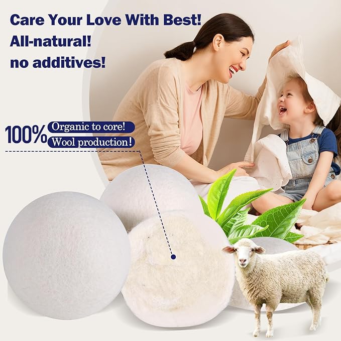 Wool Dryer Balls (2.4")6-Pack, Dryer Balls Laundry Reusable, Natural Fabric Softener, Reduces Clothing Wrinkles, Cuts Drying Time, A More Effective Alternative to Plastic Balls and Liquid Softeners