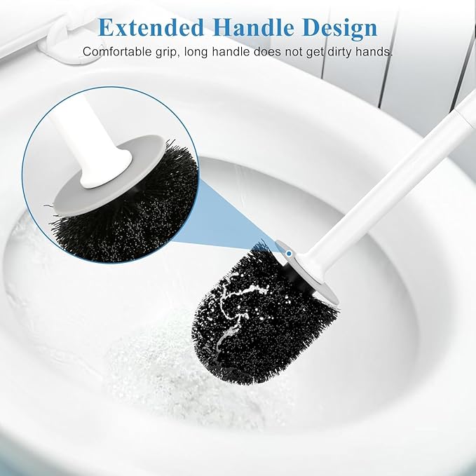 Toilet Brush and Holder, Toilet Bowl Brush with Long Handle, Plastic Holder Easy to Hide, Drip-Proof, Easy to Assemble, Deep Cleaning