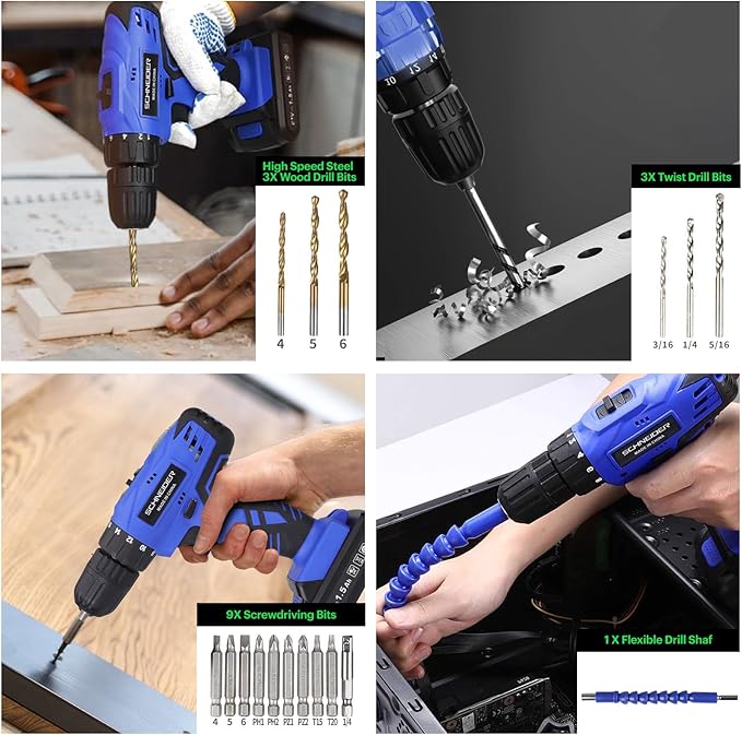 Schneider 21V Tool Set with Drill, 350 in-lb Torque, 0-1350RMP Variable Speed, 10MM 3/8'' Keyless Chuck, 18+1 Clutch, 1.5Ah Li-Ion Battery & Charger for Home Tool Kit
