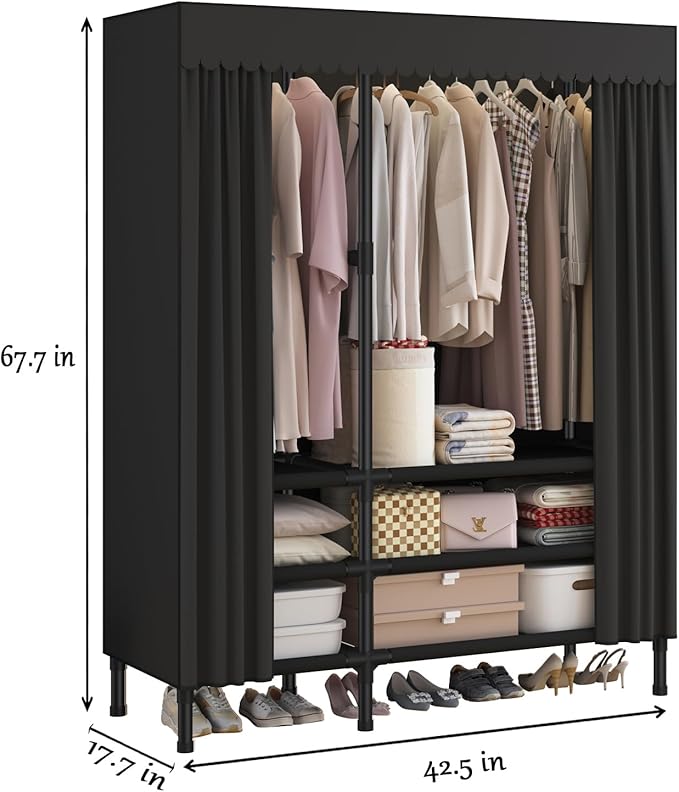 Portable Closet,Garment Rack,Heavy Duty Clothes Rack with Cover,Wardrobe Closet with 2 Hanging Rods, 6 Storage Shelves,43.3" L x 17.7" W x 67.7" H,Black