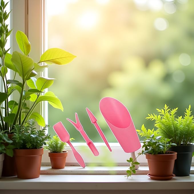 4 Pcs Pink Set Mini Garden Soil Spoon Plastic Planting/Transplanting Garden Tool Set Indoor Mini Garden Plant Care Shovel Soil Cup Bucket Shovel Transplanting Tool Gardening Shovels