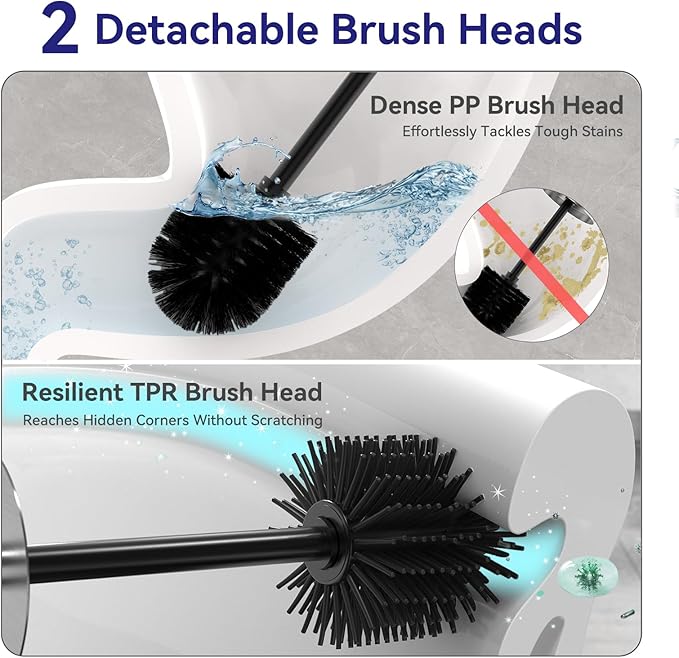 DOWRY Stainless Steel Toilet Bowl Brush and Holder for Bathroom, Deep Cleaning Toilet Brush and Holder Set with Long Handle, Hidden Toilet Bowl Brush with 2 Heads,Modern Decor Nickel Brushed Round