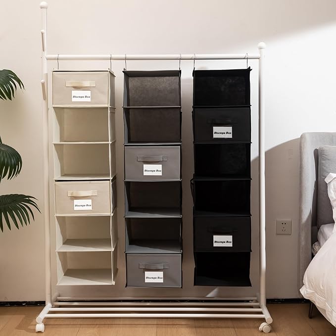 BrilliantJo 2 Pack 6 Shelves Hanging Closet Organizer with 2 Drawer, Hanging Storage with 4 Side Pockets for Clothes Shoes, 43.5"x12"x12"(Black)