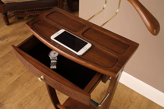 Proman Products Kingsman Suit Valet Stand VL37074 with Drawer, Top Tray, Contour Hanger, Trouser Bar, Tie & Belt Hooks and Shoe Rack, 15.5" W x 12" D x 44.5" H, Walnut