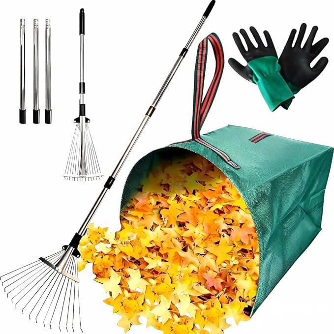 Leaf Rake for Lawns with 53 Gallon Dustpan-Type Leaf Bags,Heavy Duty Metal Garden Yard Rake Long Handle with Expandable Head 7-14" for Gardening Outdoor Camping Shrub Grass Bush Weed