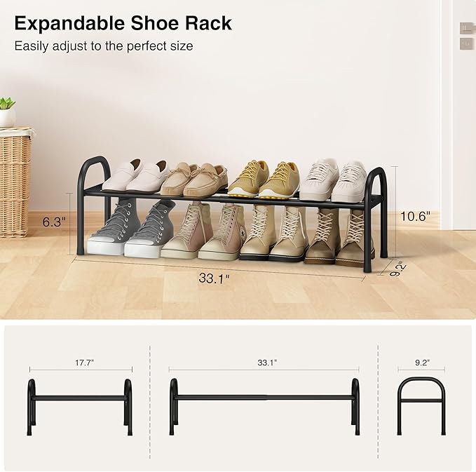 STO STO Expandable Shoe Organizer, 1-Tier Metal Shoe Rack for Closet, Up to 8 Pairs Adjustable Storage for Front Door Entrance, Free Standing Organizer for Entryway, Black