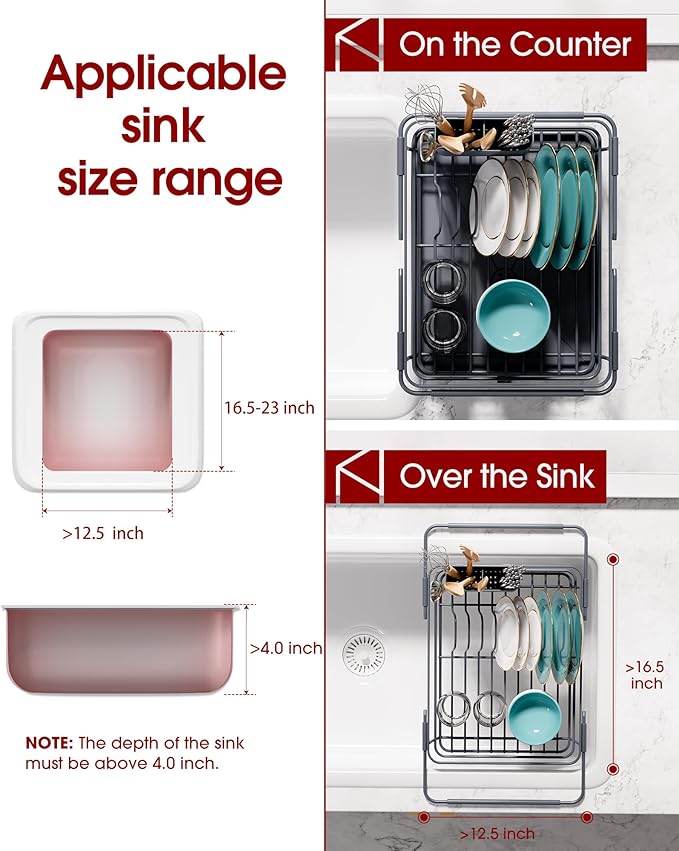 Sakugi Extendable Dish Drying Rack Over Sink with Dish Drainer, Sink Organization and Storage Essentials with Silverware & Utensil Holder, Home and Apartment Decor, 12" W x 16.1~23" L, Gray