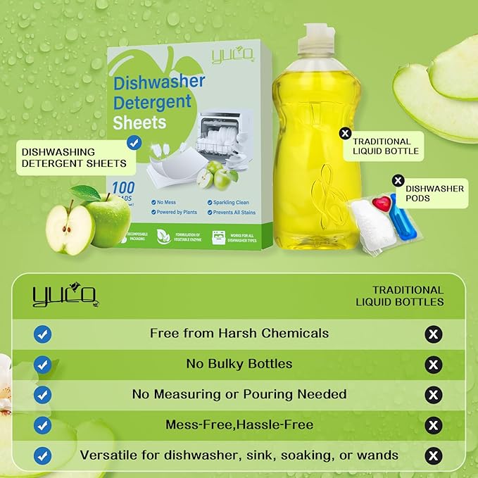 YUCO Dishwasher Detergent Sheets 100 Loads Liquid-Free Dish Soap Cleaner Strips Eco-Friendly No Plastic Dishwasher Pods Detergent Use in Dishwasher or Sink Leaving Dishes Sparkling Clean (Apple)