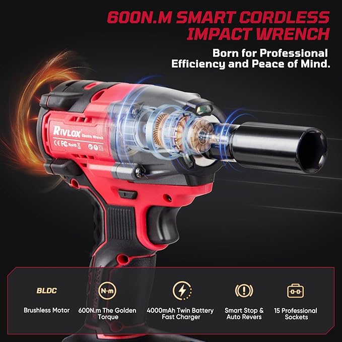Cordless Impact Wrench1/2 Inch, 600N. M/450Ft-lbs Power Impact Gun Kit, High Torque Electric Impact Driver for Car RV Tire,LED Light,4.0Ah Battery,Car/DIY Furniture/Home,Power tools,Red Toolbox
