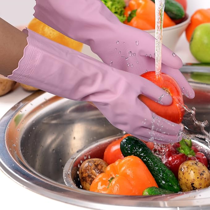 Bamllum Rubber Cleaning Gloves - 3 Pairs Latex Free Kitchen Cleaning Gloves with Cotton Liner- Household Dishwashing Gloves, Non- Slip Waterproof (Medium, Blue+Pink+White)