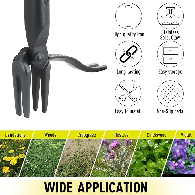 Jardineer Weed Puller Tool, 45" Stand Up Weed Remover Tool with Reinforced All-Steel Handle & 4-Claw Steel Head, Heavy Duty Manual Weeder for Garden Lawn Yard, Easily Remove Weeds Without Bending