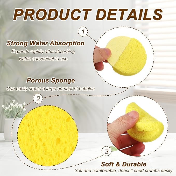 uxcell 20Pcs Cellulose Sponges, Round Kitchen Clean Sponges Non-Scratch Compressed Dish Scrubber for Kitchen Household Cookware Bathroom Cleaning & DIY, Gold