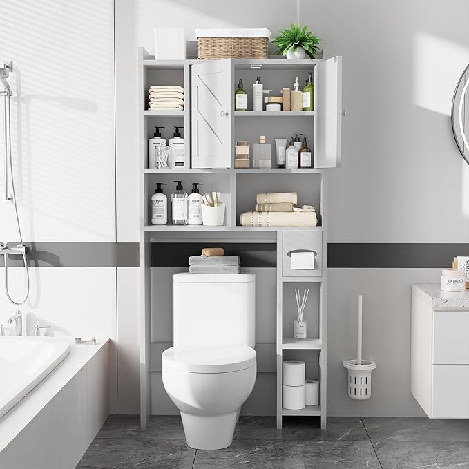 Meilocar Over the Toilet Storage Cabinet, Freestanding Storage Cabinet Over Toilet, Bathroom Storages Organizer Cabinets with Toilet Paper Holder Stand and Adjustable Shelf, White