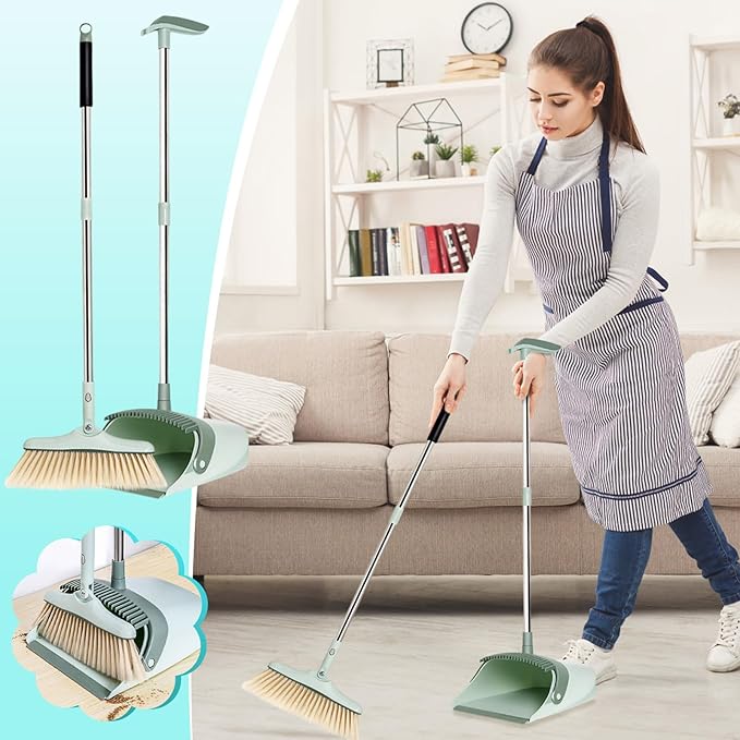 31.5in Broom and Dustpan Set Hand Broom for Home & Kitchen with Comb Teeth, Stainless Steel Handle, Standing Storage, Brooms with Dustpan Combo Set Outdoor Brooms Cleaning Tools Apartment Essentials