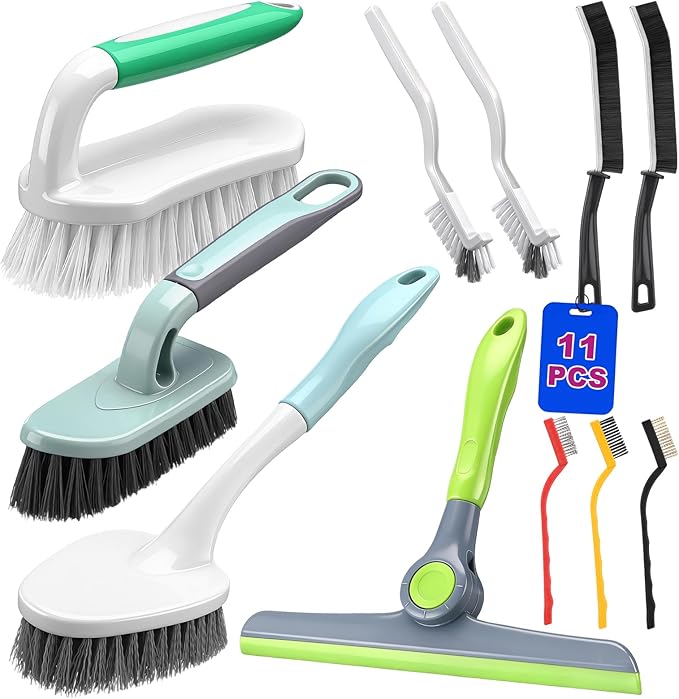 11 Pcs Cleaning Brush Set with Squeegee Crevice Gap Brushes Handheld Scrub Brush and Hard Bristle Detail Brushes Multi-Purpose Household Cleaning Tools for Kitchen Bathroom Sink Grout Window
