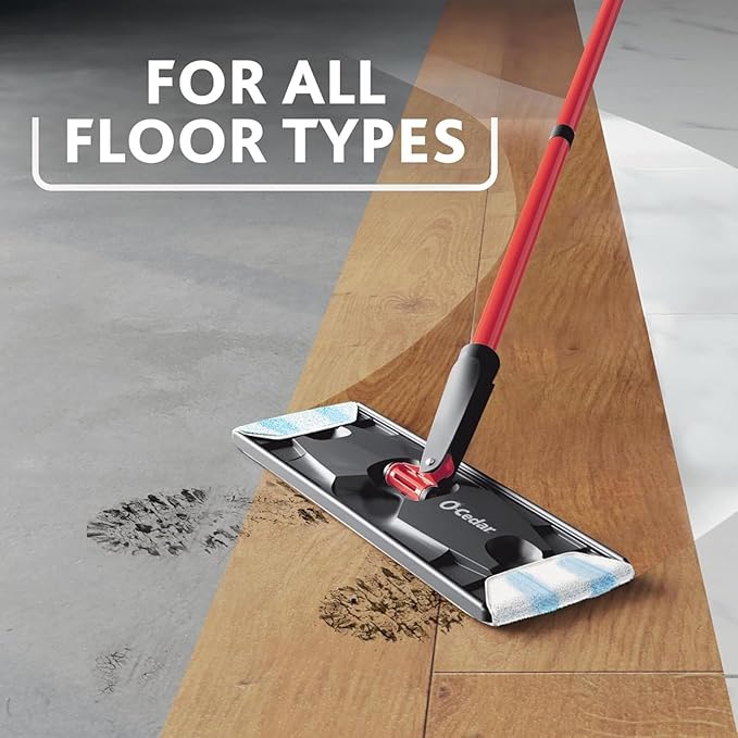 O-Cedar H2prO Flat Mop System with 1 Mop Head Refill | Quick Cleaning Tool | Clean with Clean Water | Machine Washable Reusable Microfiber Mop Pad | Safe on Wood Floors, Vinyl, Tile, Baseboards, Walls