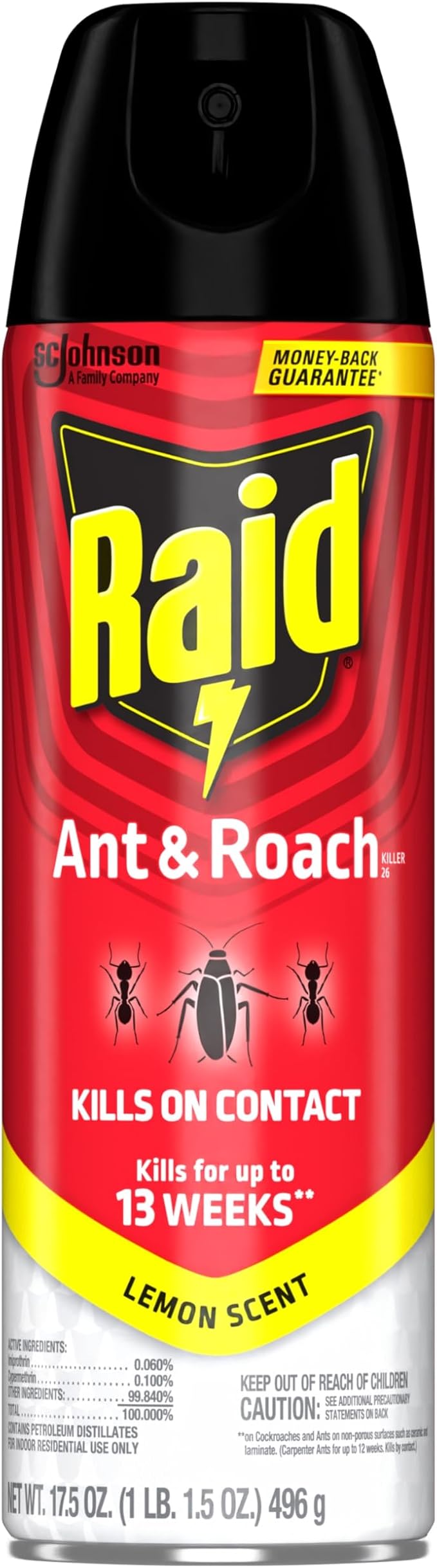 Raid Ant & Roach Killer Spray For Listed Bugs, Keeps Killing for Weeks, Lemon Scent, 17.5 oz