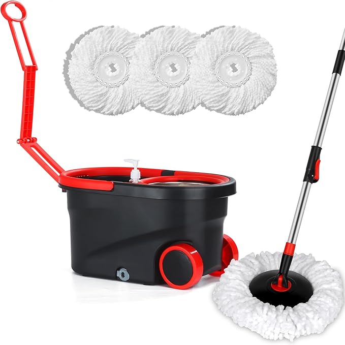Mop and Bucket Set, Spin Mop and Bucket with Wringer, Mops for Floor Cleaning System, Stainless Steel 360 Floor Mop Bucket on Wheels, 3 Microfiber Mop Replacement Heads