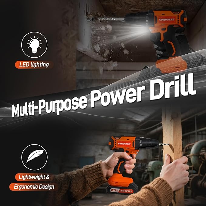 COMOWARE Household Tool Set with 20V Cordless Drill Driver, 120Pcs Hand Tool Kit for Men, Power Drill Set with Plastic Toolbox, Ideal for Office, Garden, DIY Project