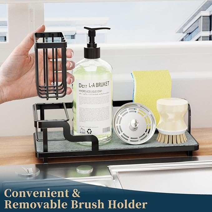 Consumest Sponge Holder for Kitchen Sink - Sink Caddy Organizer with Water Absorbing Stone Tray, Detachable Brush Holder, Stainless Steel Kitchen Counter Organizer Rack, Black