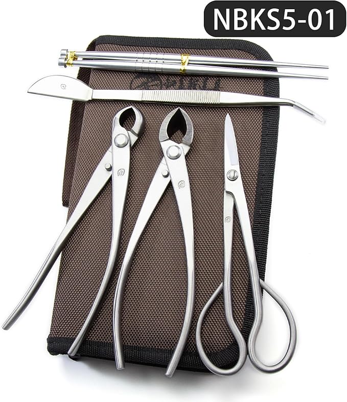 Small Size TianBonsai Bonsai Tools 5-Piece Alloy Steel Bonsai tool Kit In Cluding 180mm Long Handle Scissors / 180mm Branch Cutter / 180mm Knob Cutter / 200mm Straight Root Hook / Tweezers (NBKS5-01)