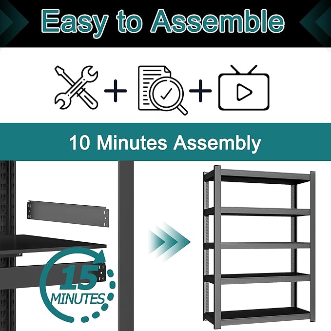 47" W Heavy-Duty Metal Storage Shelving, 5-Tier 3000 LBS Garage Shelves Unit, 71" H Ajustable Industrial Shelf for Garage, Warehouse, Home, Kitchen, Pantry, Office, Black