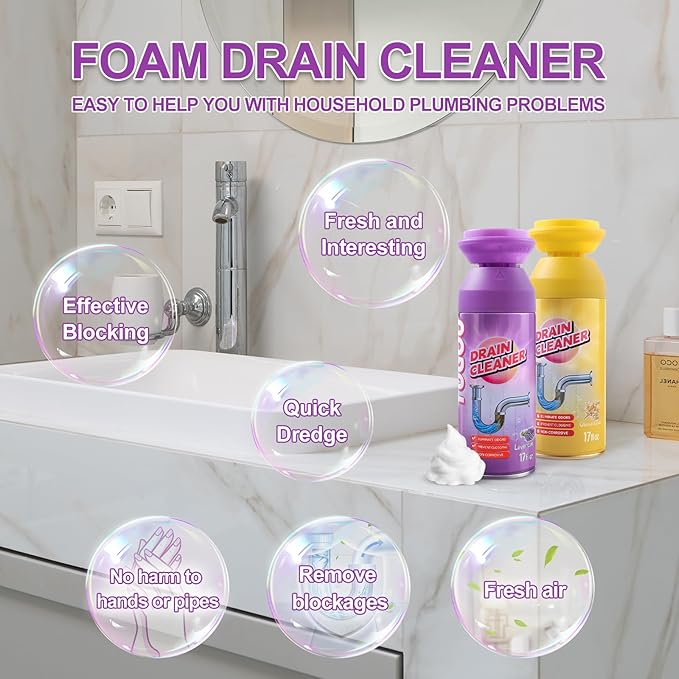 Foaming Drain Cleaner, Sink Drain Cleaner and Deodorizer for Kitchen Sinks, Shower Drains, Tubs (Lavender, 2pcs)