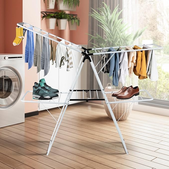 COSTWAY Clothes Drying Rack, Foldable 2 Tier Clothing Rack with Height-Adjustable Wings, 33 Drying Rails & Sock Clips, Portable Space Saving Laundry Drying Rack for Apartment, RV, Indoor & Outdoor Use