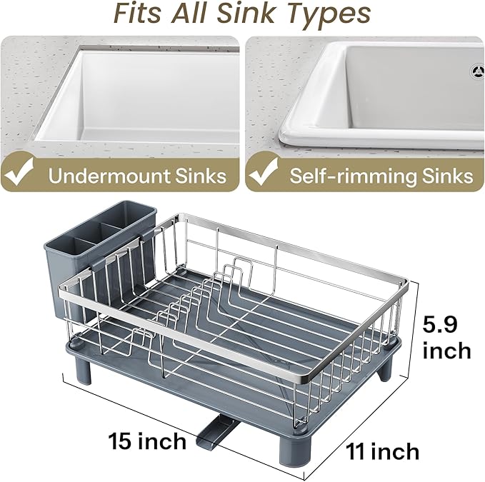 SNTD Dish Drying Rack - Small Dish Rack for Kitchen Counter, Stainless Steel Dish Drainer with Utensil Holder and Drainboard, 11" W x 15" L (Silver)