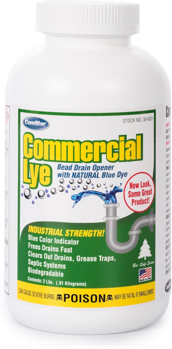 ComStar Commercial Lye | Sodium Hydroxide Beads with Natural Blue Dye | Eco-Friendly, Industrial Strength, Biodegradable Drain Opener | Static-Free, Unique Beads for Soap Making | 2 lb. (30-620).