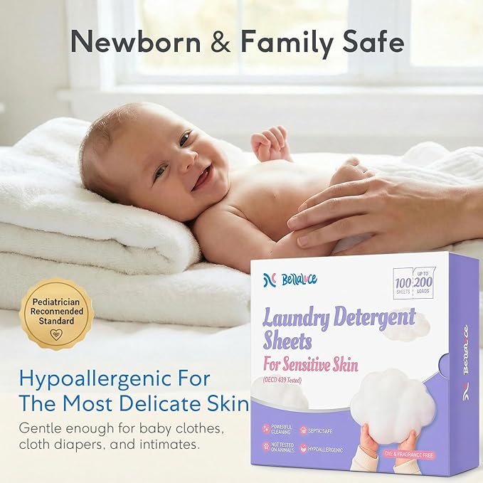 BellaLuce Sensitive Skin Laundry Detergent Sheets, 200 Loads (100 Count) - Hypoallergenic & Fragrance Free Washing Strips, Gentle for Baby, Travel & Dorm Essentials