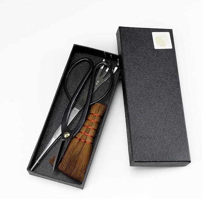 Wazakura Japanese Bonsai Garden 3PCS Tool Starter Kit, Made in Japan, Ashinaga Bonsai Scissors, Stainless Tweezers with Rake, Chinese Broom. Beginner Set with Shears, Tweezers and Soil Brush