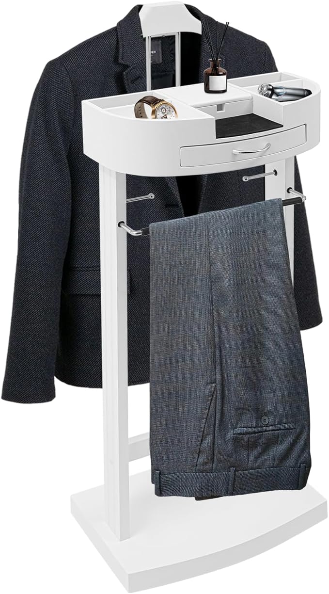 Valet Stand for Man and Women, Wood Suit Rack Suit Valet Stand with Top Tray, Storage Drawer, Bottom Shoe Rack, Freestanding Clothes Rack for Living Room, Bedroom, Office, Black (White2)