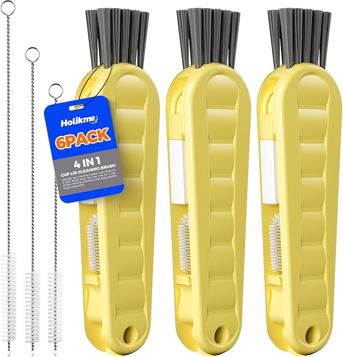 6 Pack Holikme 4 in 1 Cup Lid Cleaning Brush Set with 3 Straws, Multifunctional Bottle Brush, Silicone Cup Lid Gap Cleaner, Durable Bristle Crevice Cleaning Brush, Yellow