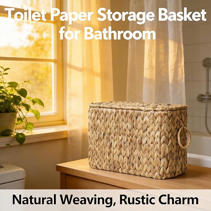Toilet Paper Storage Basket,Water Hyacinth Wicker Basket with Lid and Handles for Bathroom Organizer and Storage,Toilet Paper Holder Stand with Storage,Papers Container for up to 6 Mega Rolls