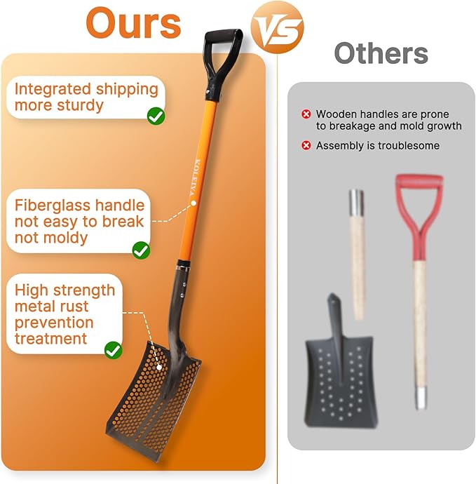 45in Sand Sifting Shovel with Orange Fiberglass Handle - Heavy Duty Slotted Shovel for Rocks, Chicken Coop, Gardening and Soil Sifting