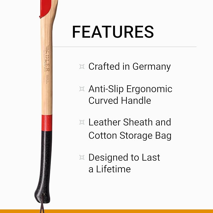Adler - The Long Splitter, 31.5 inch Anti-Slip Hickory Handle, Leather Sheath, Splitting Axe for Rounds up to 10'', 4.4 pound Head, German Made