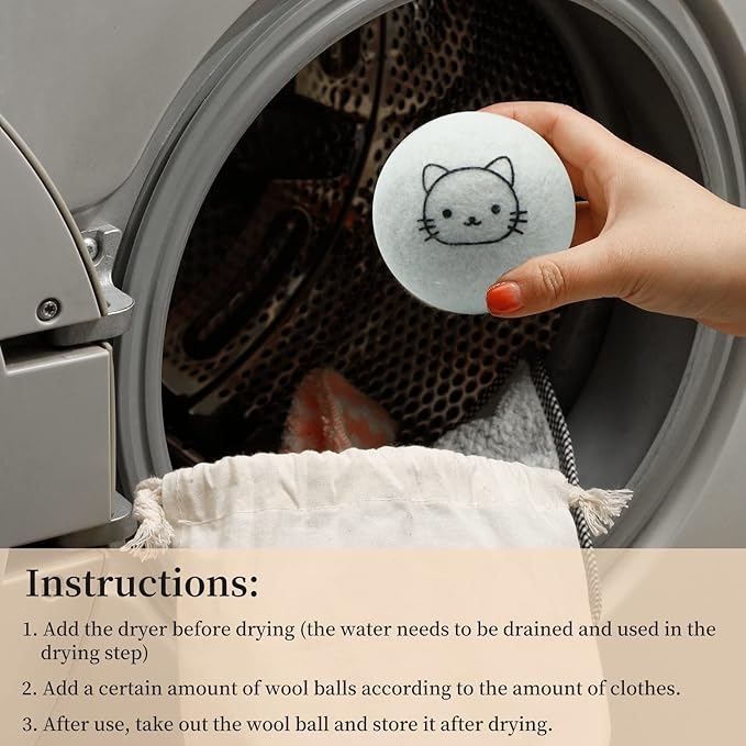 Dryer Balls Laundry Reusable, XL Wool Dryer Balls Cute Cat Face 6 Pack, Fabric Softener Ball, Extra Large Dryer Balls with Cat Pattern, Shorten Drying Time, Organic Wool - Dry 1000+ Loads