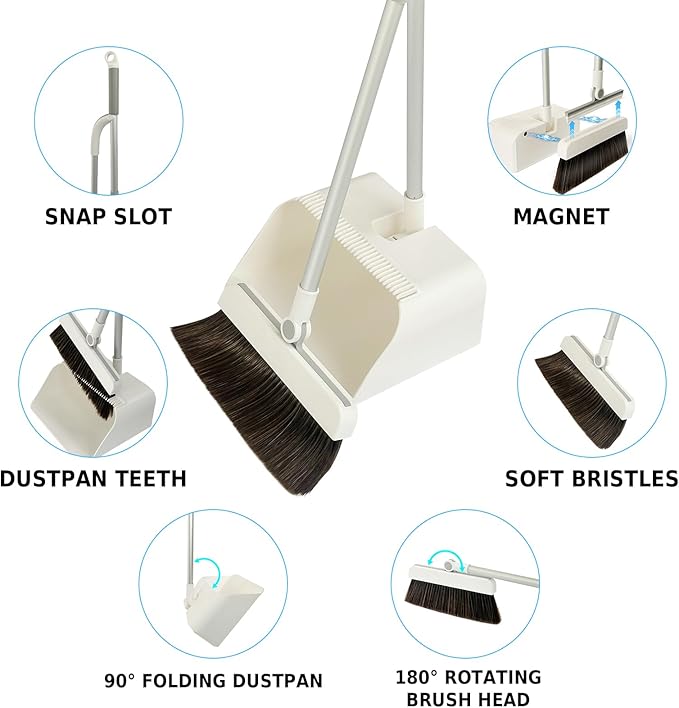 3-in-1 Magnetic Broom with Dustpan Combo Set, Broom and Dustpan Set with Silicone Broom, Upright Standing Dustpan Self-Cleaning Teeth for Home, Kitchen, Office, Hall Floor, Pet Hair