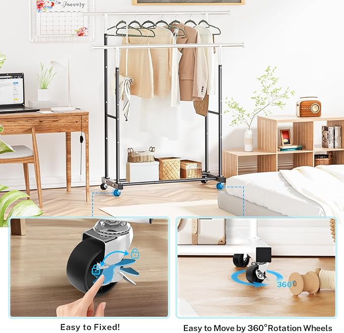 VICERII Double Clothing Rack, 130LB Capacity Heavy Duty Garment Rack with Wheels and Bottom Shelf, 55.51 Inch Long Rolling Clothes Racks for Hanging Clothes, Black