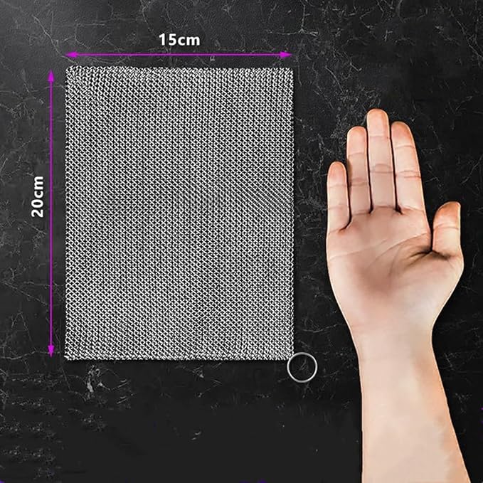 Cast Iron Cleaner and Chainmail Skillet Scrubber - 8''x6'' Upgraded 3.8mm Small Ring, 316L Stainless Steel Fine Rings - Durable Scraper for Skillets, Pans, Griddles & Containers