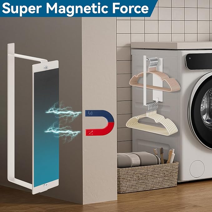 Magnetic Hanger Organizer, Strong Magnetic Hanger Holder for Laundry Room Washer, Capacity Upgrade Hangers Storage Stacker Holds up to 40 Metal Hangers White 1Pack