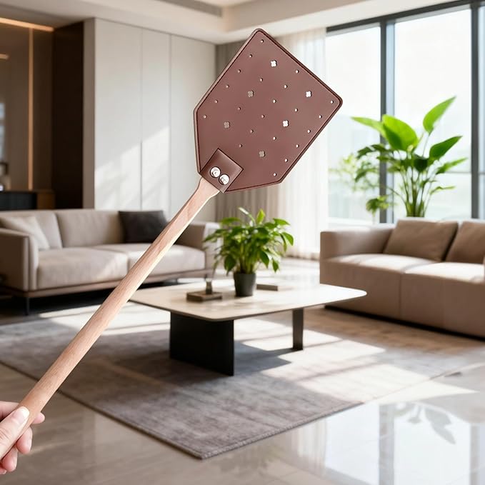 4 Pcs Leather Fly Swatters for Indoors, Manual Long Handle Mosquito Control, Wooden Grip with Perforated Head, Long-Lasting Washable Multi-Pack