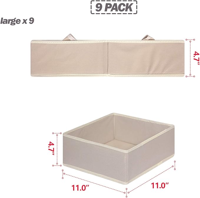 DIOMMELL 9 Pack Foldable Cloth Storage Box Closet Dresser Drawer Organizer Fabric Baskets Bins Containers Divider for Clothes Underwear Bras Socks Clothing, Beige 900